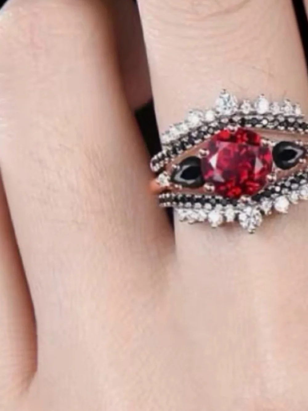 Elegant Red Crystal & Black Accent Ring - Women's Fashion Jewelry